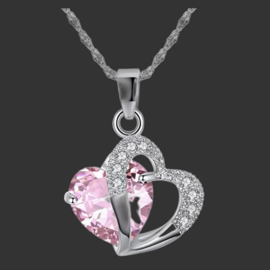 Heart Shaped Crystal Pendant with Silver Plated Necklace - Pink Panther