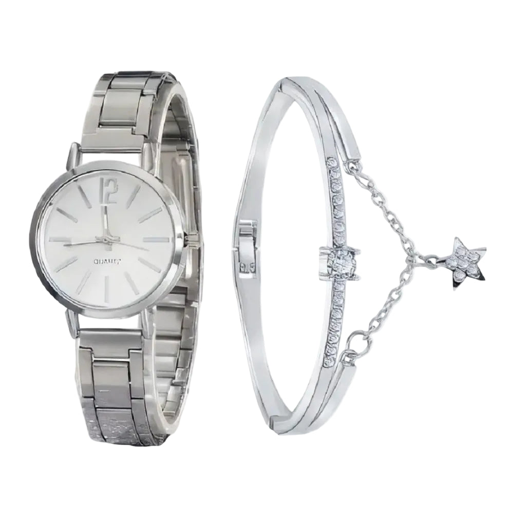 Silver watch and bracelet set on a white background